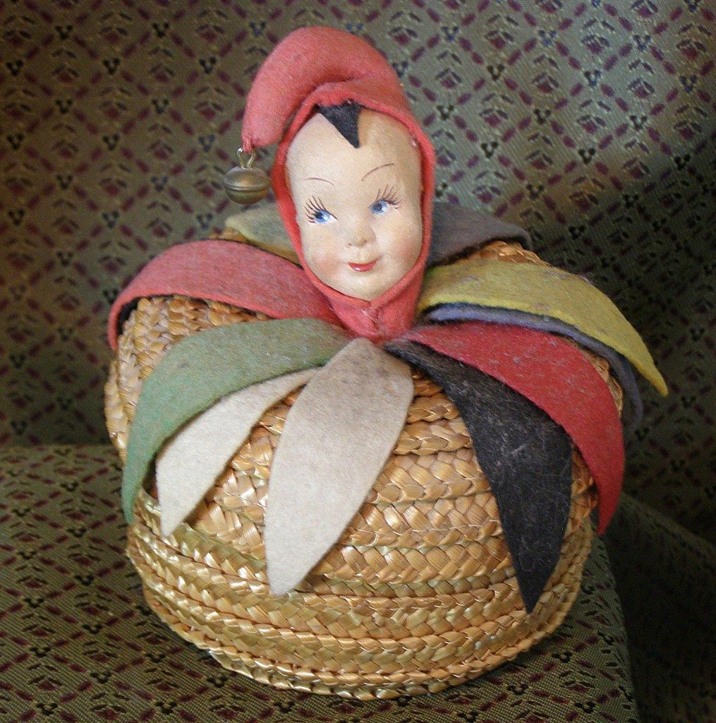 Unique Molded cloth Jester doll head on a basket Unique Molded cloth Jester doll head on a basket