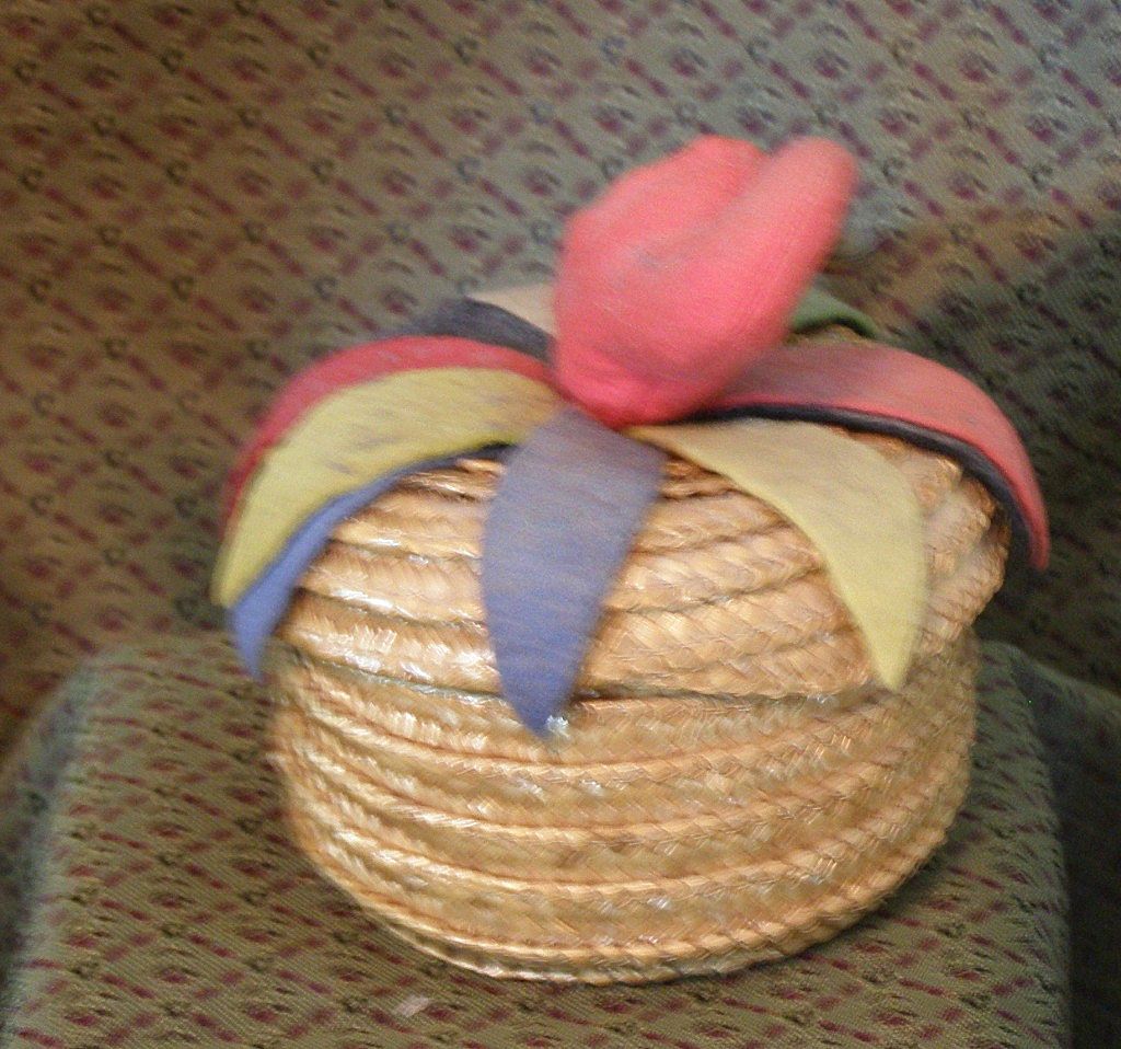 Unique Molded cloth Jester doll head on a basket Unique Molded cloth Jester doll head on a basket