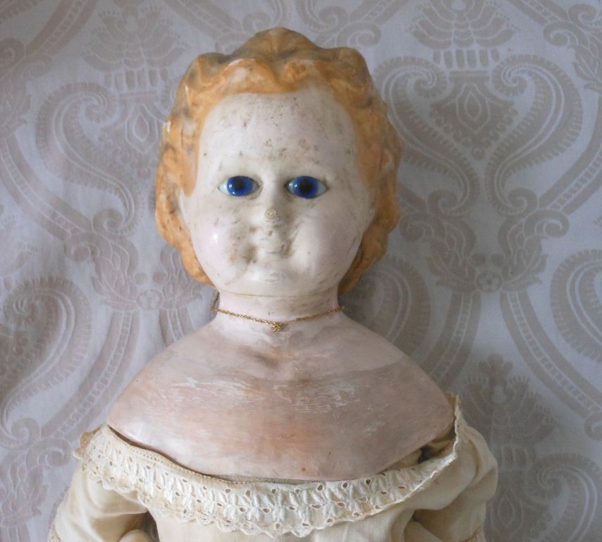 Antique Wax over Composition German Doll with Cloth and Wooden Body Antique Wax over Composition German Doll with Cloth and Wooden Body