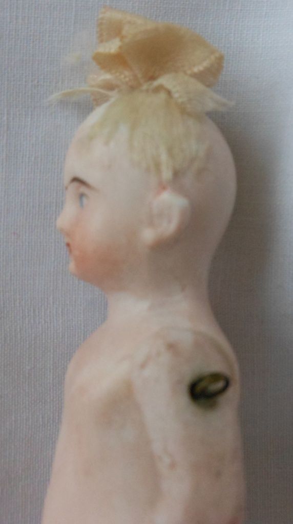 Early All Bisque German Doll with Pink Molded Shoes and Shirred Hose Early All Bisque German Doll with Pink Molded Shoes and Shirred Hose