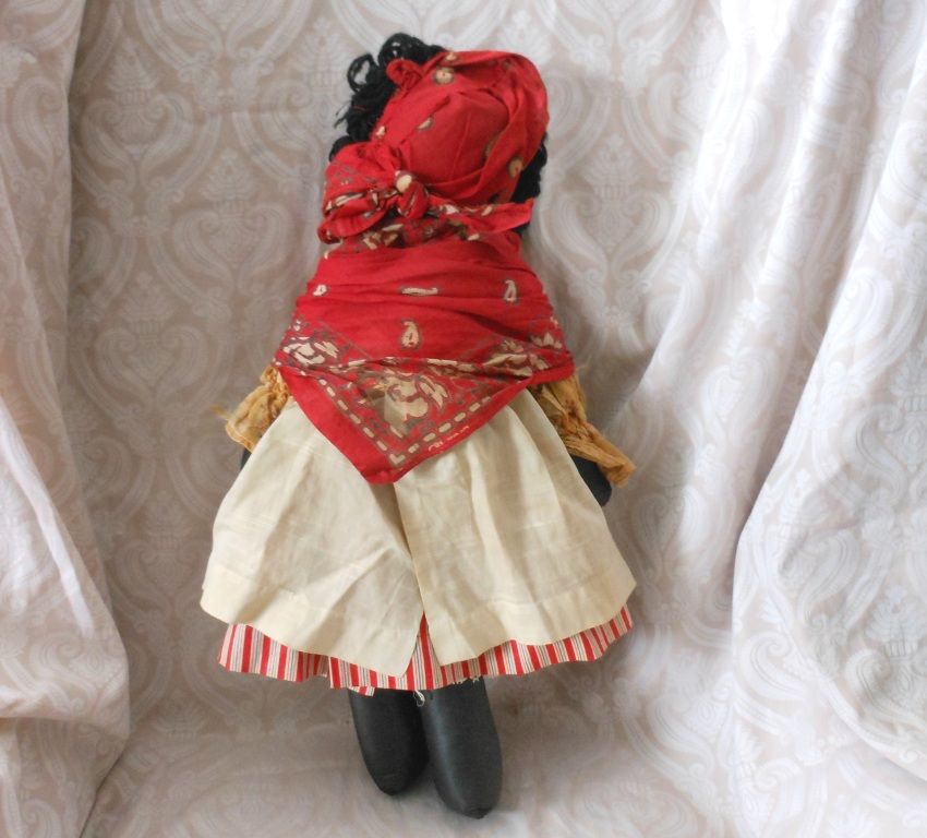 Folk Art Black Sateen Cotton Cloth Doll with Hand Embroidered Face Folk Art Black Sateen Cotton Cloth Doll with Hand Embroidered Face