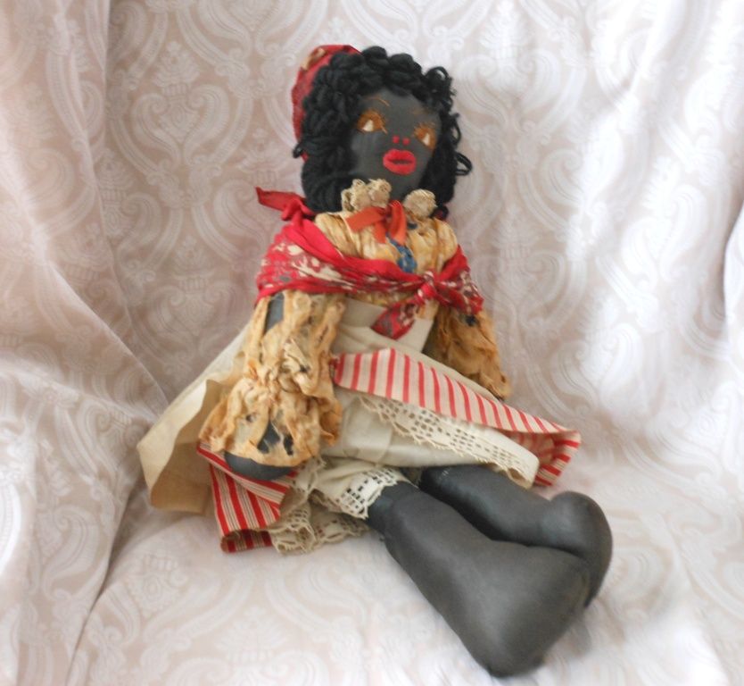 Folk Art Black Sateen Cotton Cloth Doll with Hand Embroidered Face Folk Art Black Sateen Cotton Cloth Doll with Hand Embroidered Face