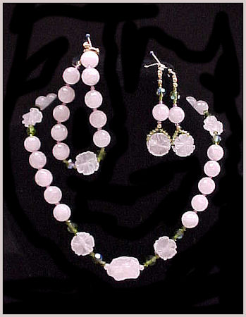 Rose Quartz Round, Flower Beads/Swarovski Olivine & Pink Crystal Bead 3 Piece Set Rose Quartz Round, Flower Beads/Swarovski Olivine & Pink Crystal Bead 3 Piece Set
