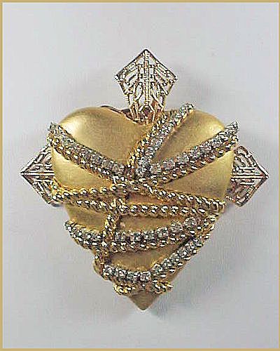 Gold-Plated Satin Finish Rope & Rhinestone Wrapped Heart Pendant/Brooch Gold-Plated Satin Finish Rope & Rhinestone Wrapped Heart Pendant/Brooch