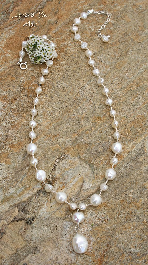 White Freshwater Pearl Silk Knotted Beach Bride Necklace White Freshwater Pearl Silk Knotted Beach Bride Necklace