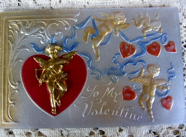 Early 1900s Novelty Valentine Postcard with Goldtone Metal Cupid Early 1900s Novelty Valentine Postcard with Goldtone Metal Cupid
