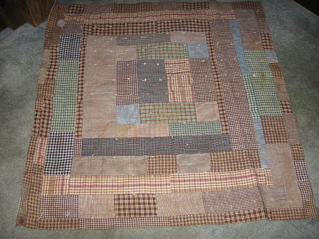 Antique Mennnonite Crib Quilt Pleasing Brown & Blue Check Fabrics Antique Mennnonite Crib Quilt Pleasing Brown & Blue Check Fabrics