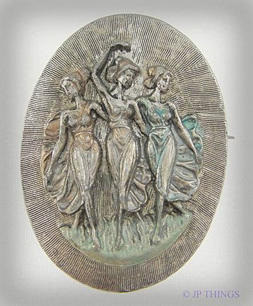 3 Dancing Nymphs Antique Gold Tone Oval Brooch 3 Dancing Nymphs Antique Gold Tone Oval Brooch
