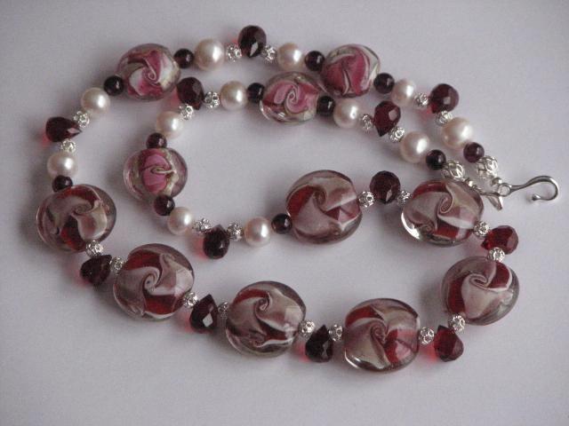 Festive Cranberry Swirl Lampwork Necklace with Pearls Festive Cranberry Swirl Lampwork Necklace with Pearls
