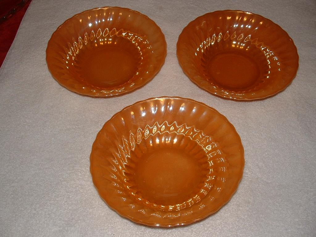 3 Anchor Hocking / Fire King Peach Lustre Swirl Serving Bowls: 3 Anchor Hocking / Fire King Peach Lustre Swirl Serving Bowls: