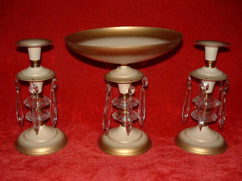 3 Piece Metal Ware Mantle Luster's Crystals & Crystal Prisms 3 Piece Metal Ware Mantle Luster's Crystals & Crystal Prisms