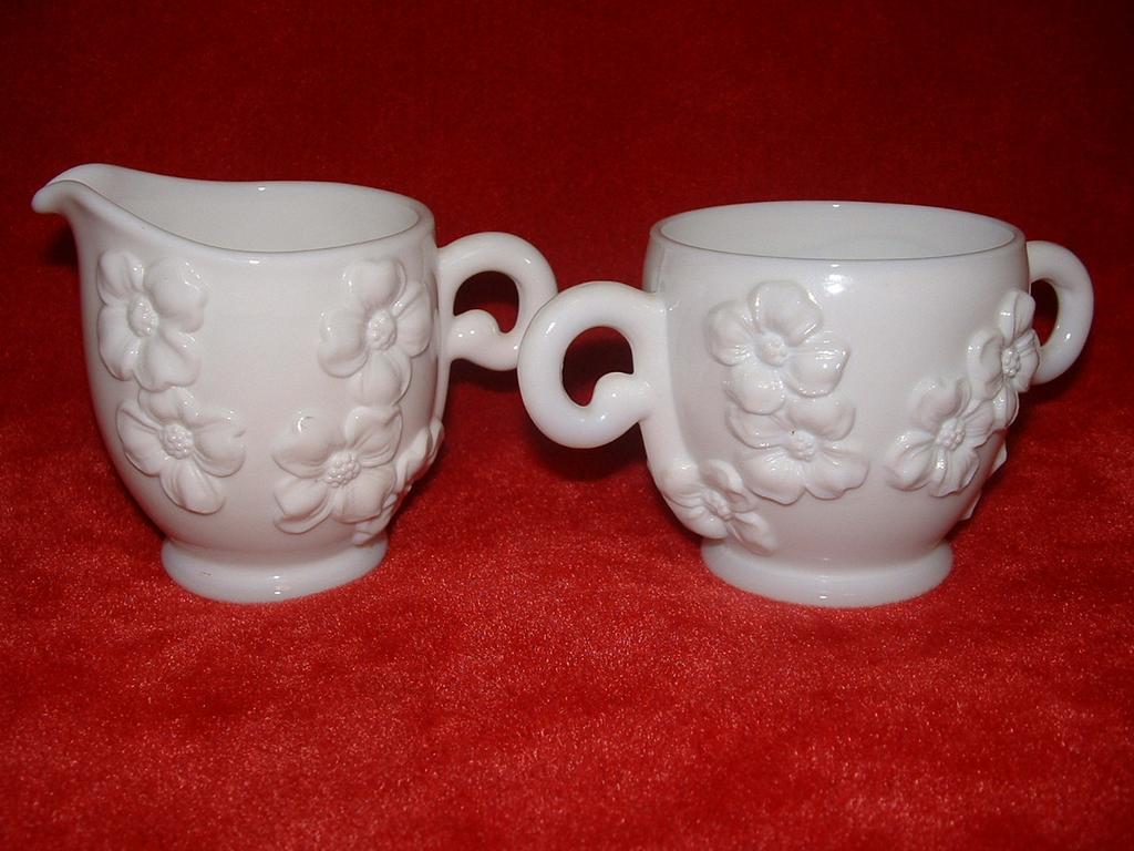 Milk Glass Sugar & Creamer, with Raised Flowers Milk Glass Sugar & Creamer, with Raised Flowers