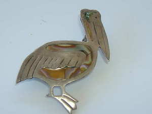 Figural Mexican Sterling & Inlay Abalone Pelican Pin, JHE Figural Mexican Sterling & Inlay Abalone Pelican Pin, JHE