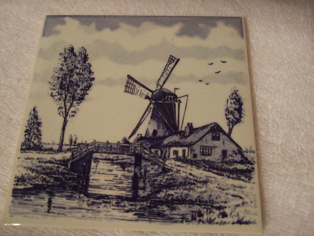4 1/4" x 4 1/4 Inch Delph Blue Tile/Trivet Made in Germany 4 1/4" x 4 1/4 Inch Delph Blue Tile/Trivet Made in Germany