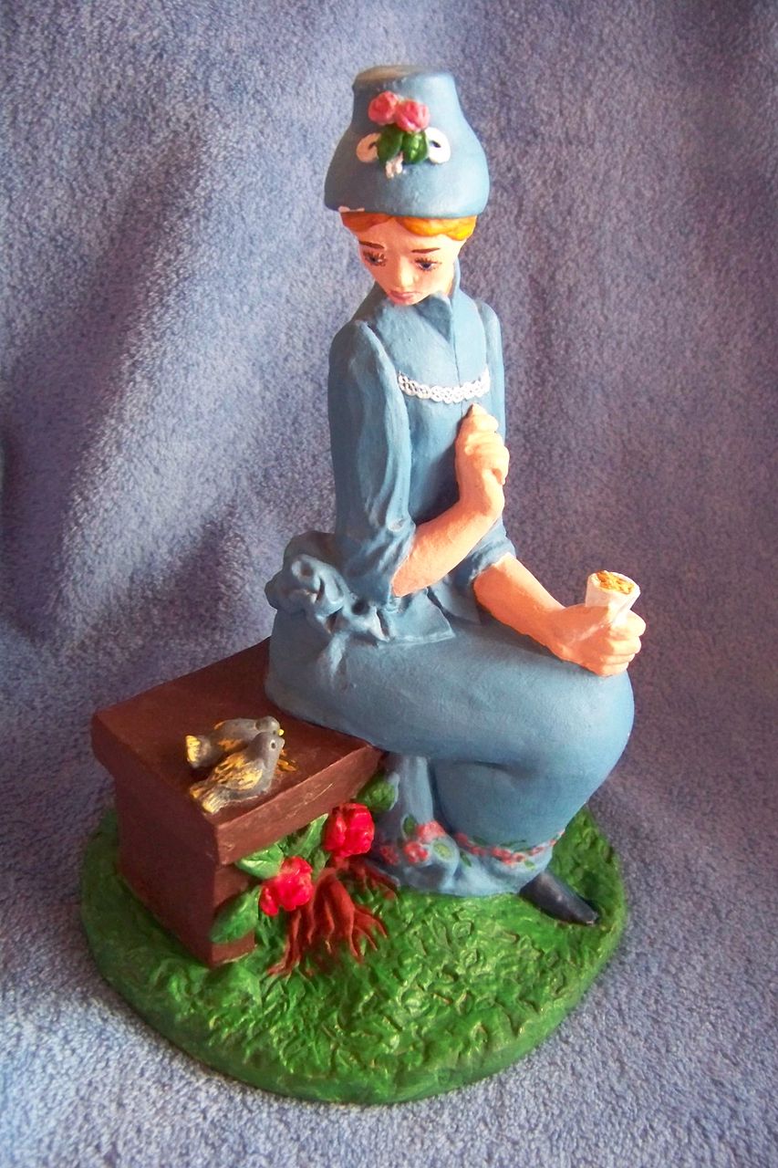 Large Vintage Plaster, Women Feeding Birds Figurine 1981 Large Vintage Plaster, Women Feeding Birds Figurine 1981