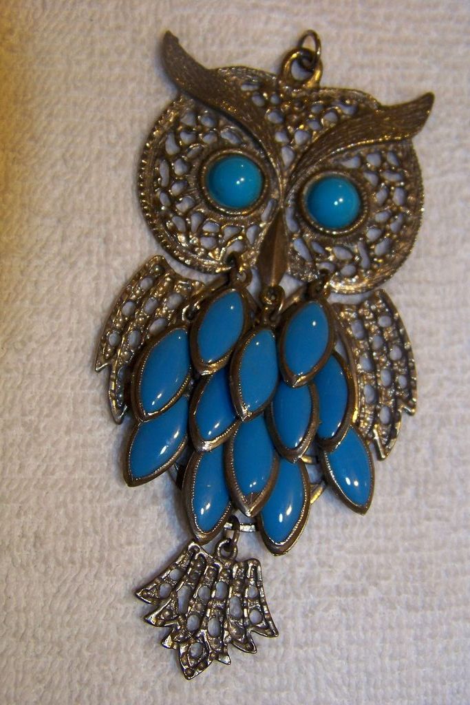 Large Metal Owl Pendent W/ Turquoise Color Eyes & Drops Large Metal Owl Pendent W/ Turquoise Color Eyes & Drops