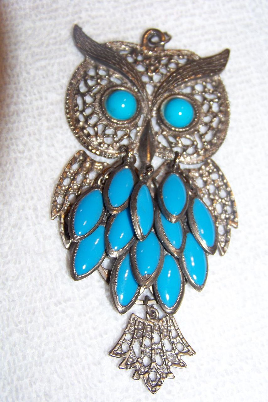Large Metal Owl Pendent W/ Turquoise Color Eyes & Drops Large Metal Owl Pendent W/ Turquoise Color Eyes & Drops