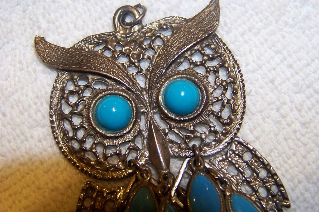 Large Metal Owl Pendent W/ Turquoise Color Eyes & Drops Large Metal Owl Pendent W/ Turquoise Color Eyes & Drops