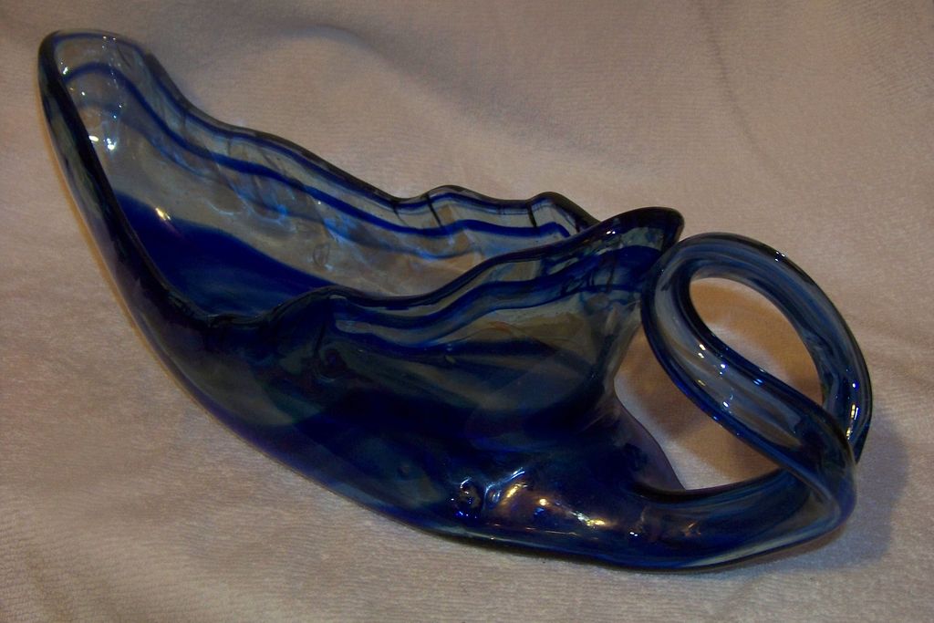 Large Long Handblown Colbolt Blue Glass Vase Bowl Large Long Handblown Colbolt Blue Glass Vase Bowl