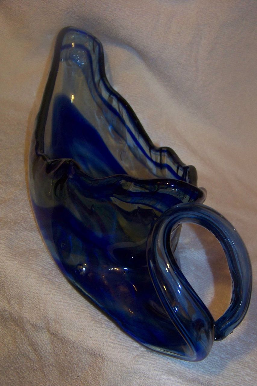 Large Long Handblown Colbolt Blue Glass Vase Bowl Large Long Handblown Colbolt Blue Glass Vase Bowl