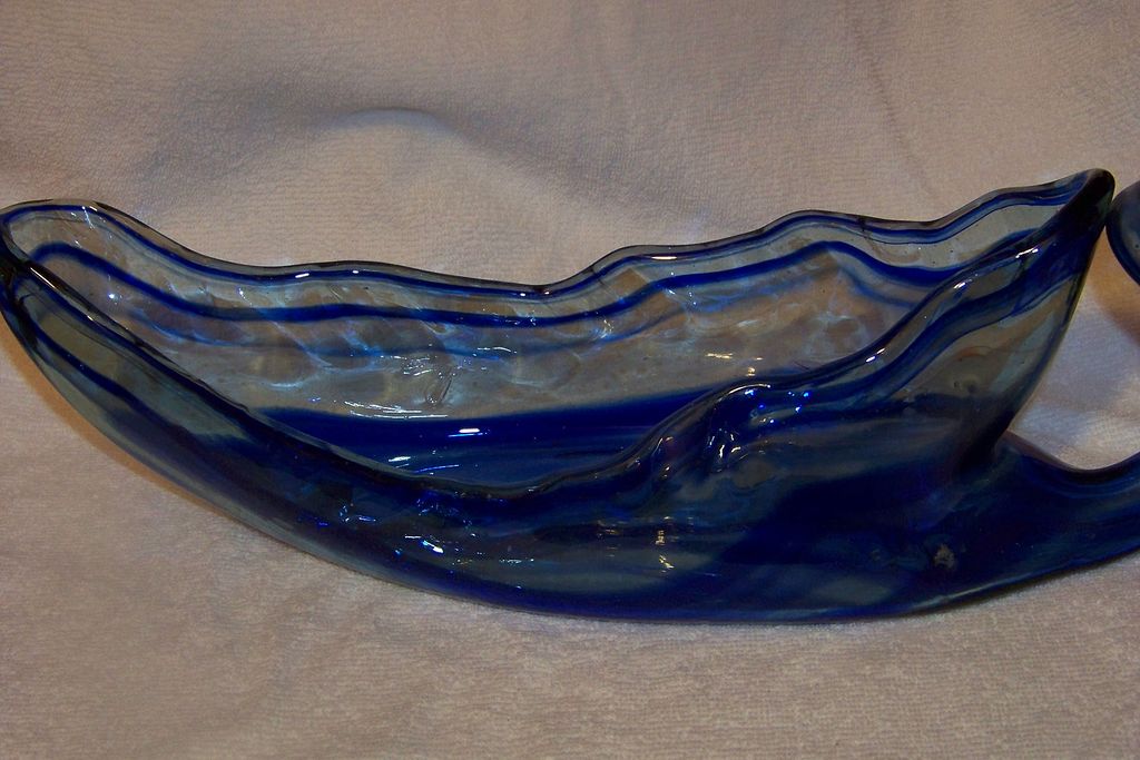 Large Long Handblown Colbolt Blue Glass Vase Bowl Large Long Handblown Colbolt Blue Glass Vase Bowl