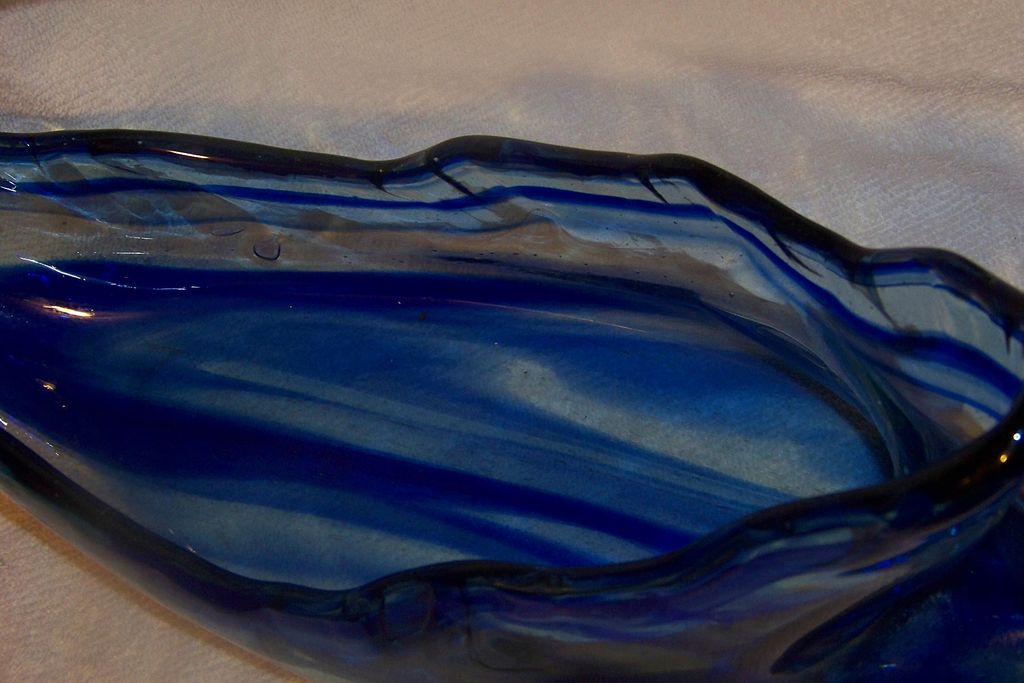 Large Long Handblown Colbolt Blue Glass Vase Bowl Large Long Handblown Colbolt Blue Glass Vase Bowl