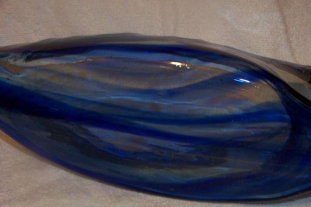 Large Long Handblown Colbolt Blue Glass Vase Bowl Large Long Handblown Colbolt Blue Glass Vase Bowl