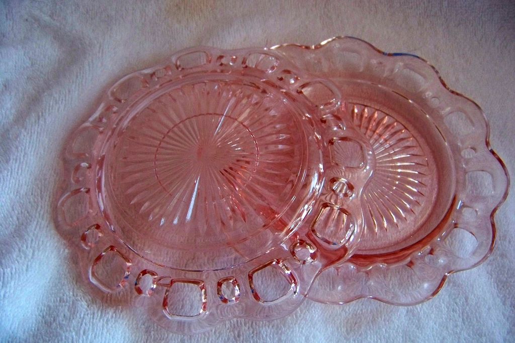 2 Anchor Hocking Pink Saucers, Old Colony Lace Edge 2 Anchor Hocking Pink Saucers, Old Colony Lace Edge