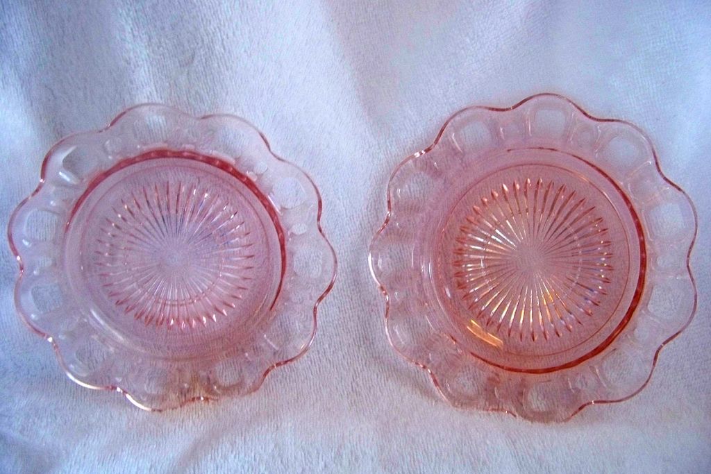 2 Anchor Hocking Pink Saucers, Old Colony Lace Edge 2 Anchor Hocking Pink Saucers, Old Colony Lace Edge
