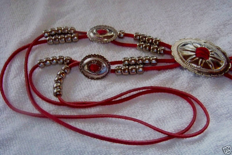 Red Leather Strap W/ Concho & Beads, Western Necklace Red Leather Strap W/ Concho & Beads, Western Necklace