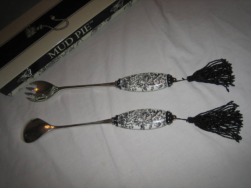 Black White Porcelain Salad Spoon Fork W GLASS Tassels Black White Porcelain Salad Spoon Fork W GLASS Tassels