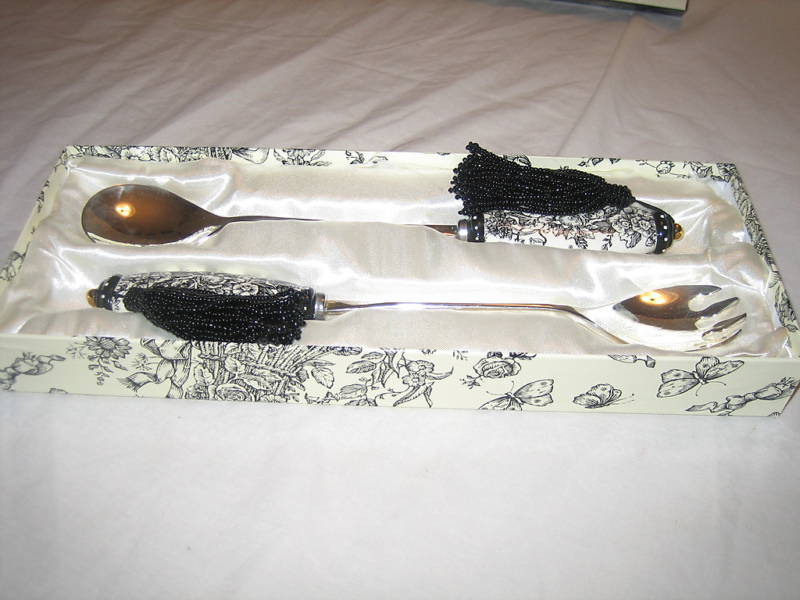 Black White Porcelain Salad Spoon Fork W GLASS Tassels Black White Porcelain Salad Spoon Fork W GLASS Tassels