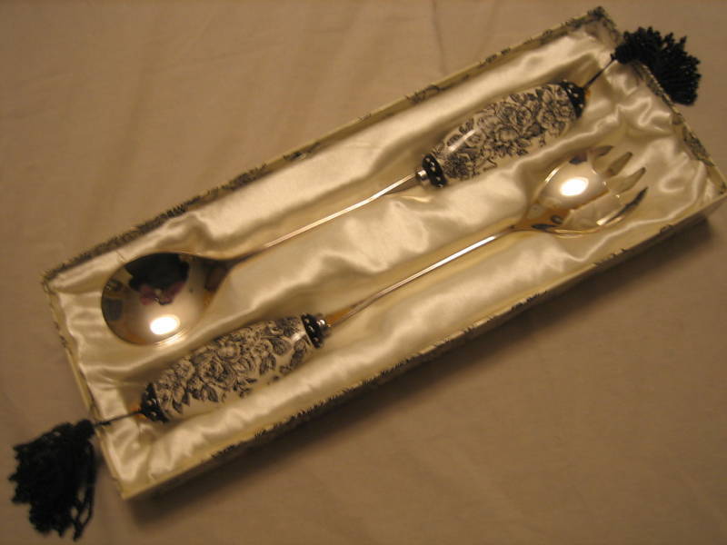 Black White Porcelain Salad Spoon Fork W GLASS Tassels Black White Porcelain Salad Spoon Fork W GLASS Tassels