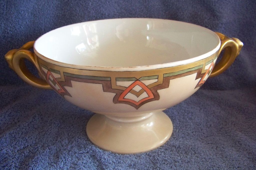 Handpainted Czechoslovakian Art Deco Pedestal China Punch Bowl Handpainted Czechoslovakian Art Deco Pedestal China Punch Bowl