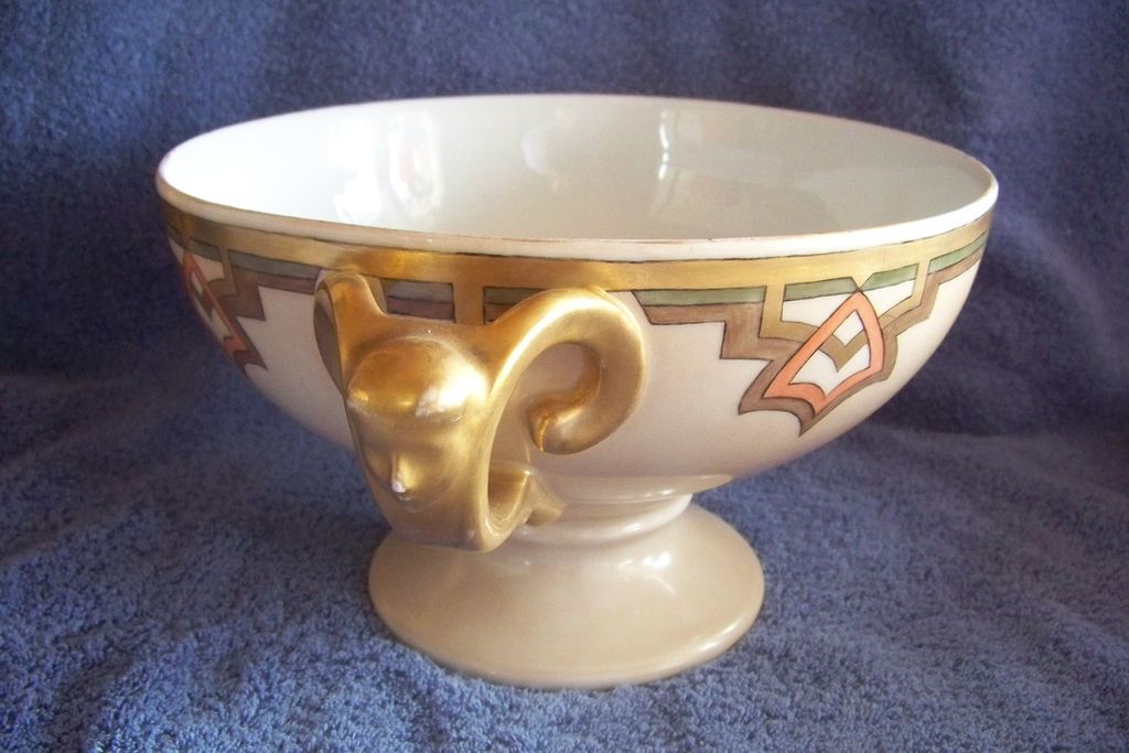 Handpainted Czechoslovakian Art Deco Pedestal China Punch Bowl Handpainted Czechoslovakian Art Deco Pedestal China Punch Bowl