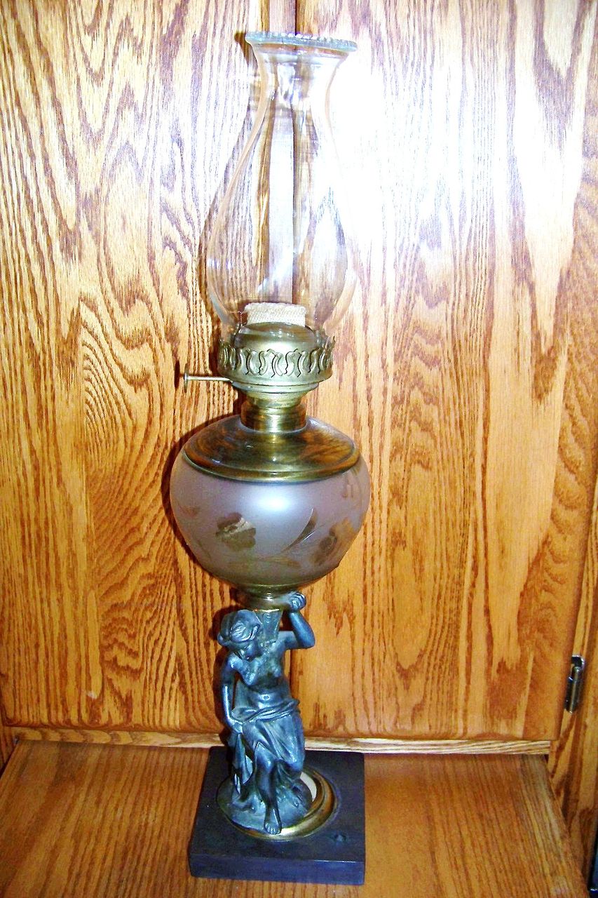 Vintage Art Nouveau Lady Oil Lamp Cut Glass Grape Globe Vintage Art Nouveau Lady Oil Lamp Cut Glass Grape Globe