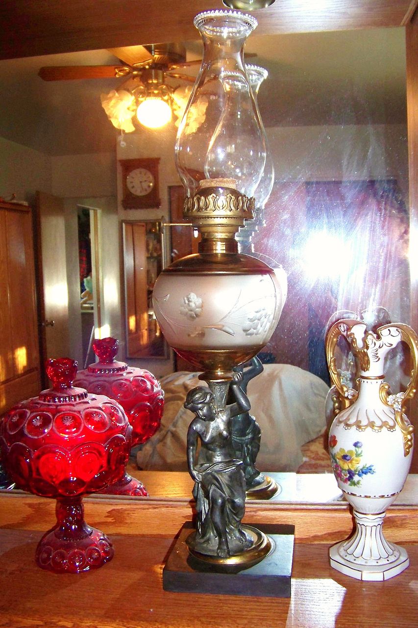 Vintage Art Nouveau Lady Oil Lamp Cut Glass Grape Globe Vintage Art Nouveau Lady Oil Lamp Cut Glass Grape Globe
