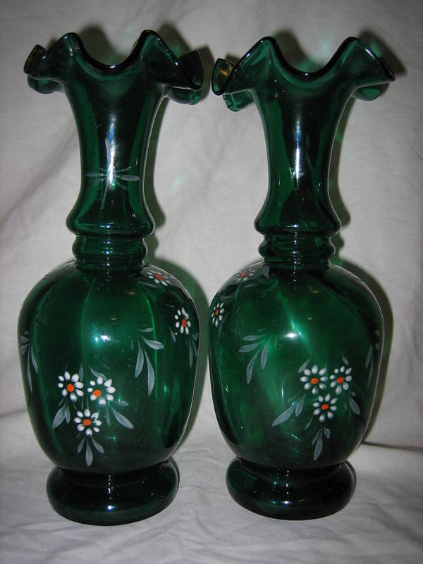 Blown Victorian Art Glass Vases W Enamel Floral Painting Blown Victorian Art Glass Vases W Enamel Floral Painting