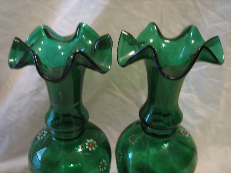 Blown Victorian Art Glass Vases W Enamel Floral Painting Blown Victorian Art Glass Vases W Enamel Floral Painting