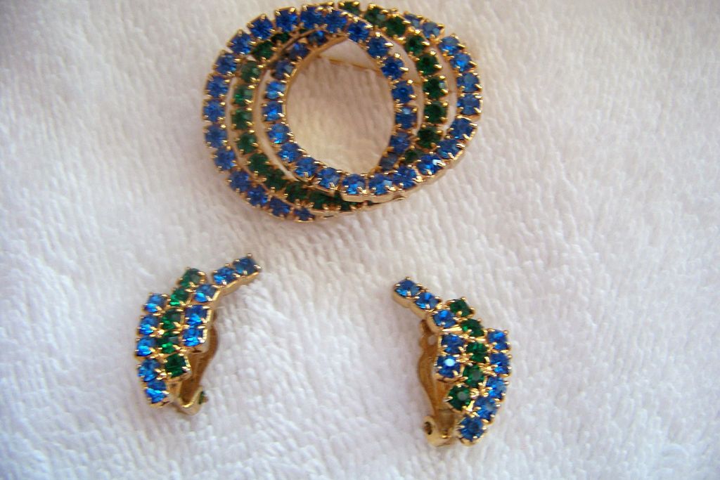 Green & Blue Rhinestone Brooch Pin & Earrings Green & Blue Rhinestone Brooch Pin & Earrings