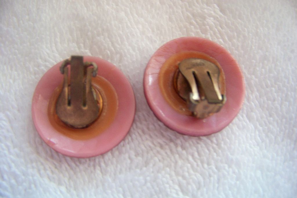 Vintage Plastic Clip On Earrings, Pink W Gold Tone Accent Vintage Plastic Clip On Earrings, Pink W Gold Tone Accent