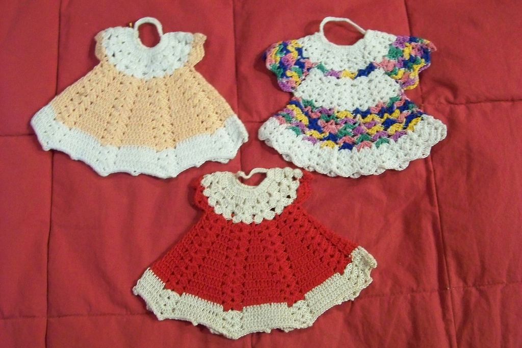 3 Vintage Crochet Dress Pot Holders 3 Vintage Crochet Dress Pot Holders