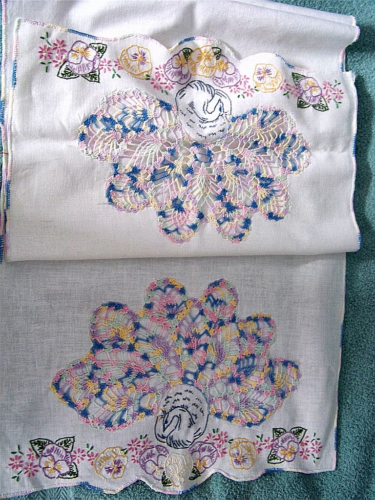 Peacock & Pansies Dresser Scarf Crochet & Embroidery Peacock & Pansies Dresser Scarf Crochet & Embroidery