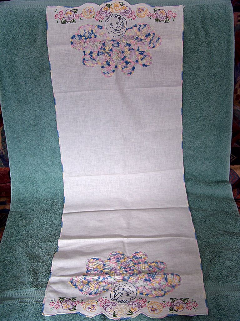 Peacock & Pansies Dresser Scarf Crochet & Embroidery Peacock & Pansies Dresser Scarf Crochet & Embroidery
