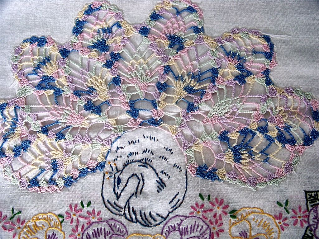 Peacock & Pansies Dresser Scarf Crochet & Embroidery Peacock & Pansies Dresser Scarf Crochet & Embroidery