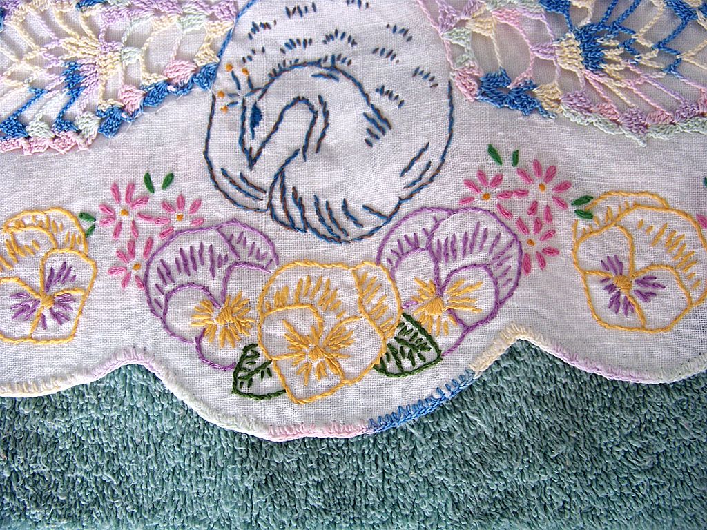 Peacock & Pansies Dresser Scarf Crochet & Embroidery Peacock & Pansies Dresser Scarf Crochet & Embroidery