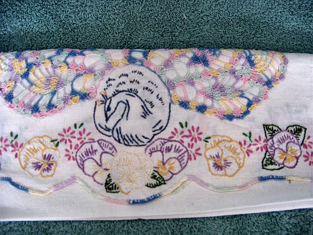 Peacock & Pansies Dresser Scarf Crochet & Embroidery Peacock & Pansies Dresser Scarf Crochet & Embroidery