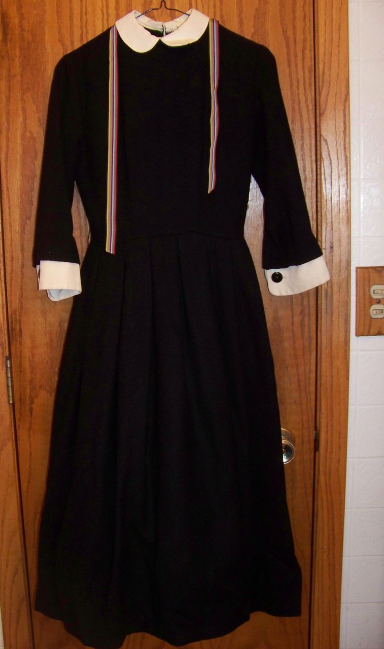Vintage Black Wool Dress, W White Cuffs & Collar S 7 Vintage Black Wool Dress, W White Cuffs & Collar S 7