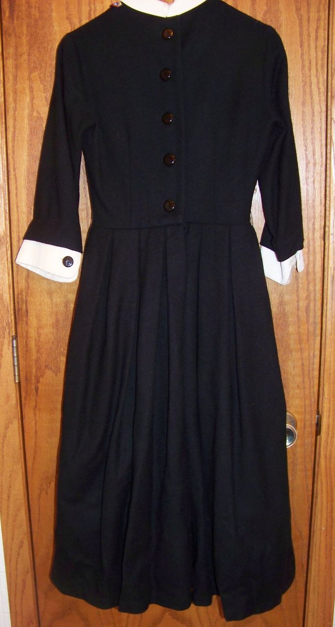 Vintage Black Wool Dress, W White Cuffs & Collar S 7 Vintage Black Wool Dress, W White Cuffs & Collar S 7