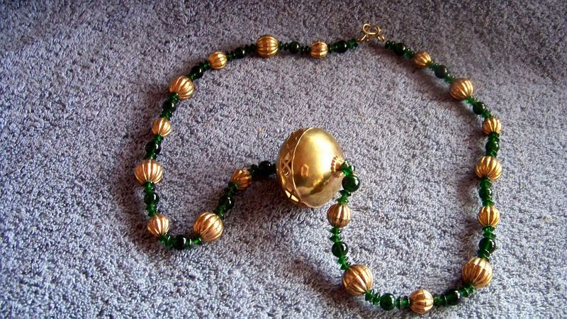 Large Necklace, Brass & Plastic Green Beads, 31" Long Large Necklace, Brass & Plastic Green Beads, 31" Long